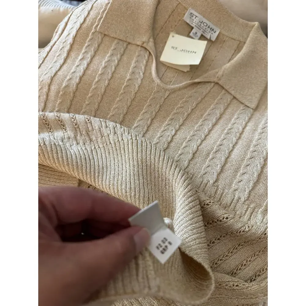 NWT VTG ST. JOHN COLLECTION Marie Gray Gold Metallic Knit Polo Sweater 90s S 16✨